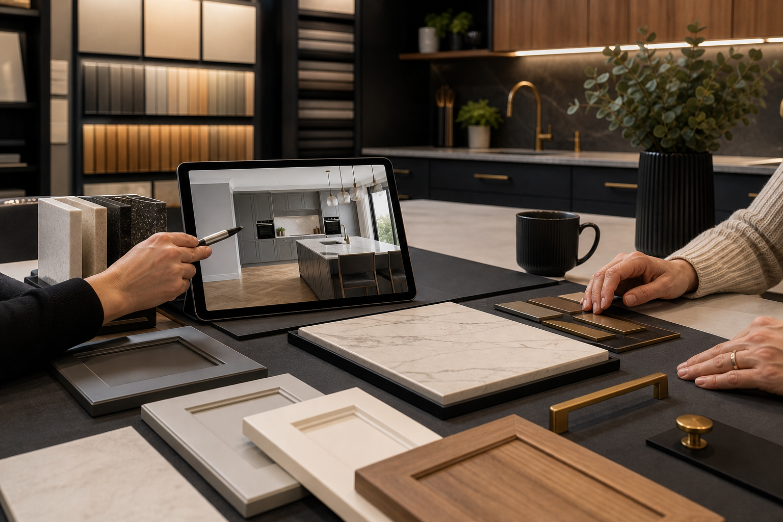 Kitchen design consultation with material samples