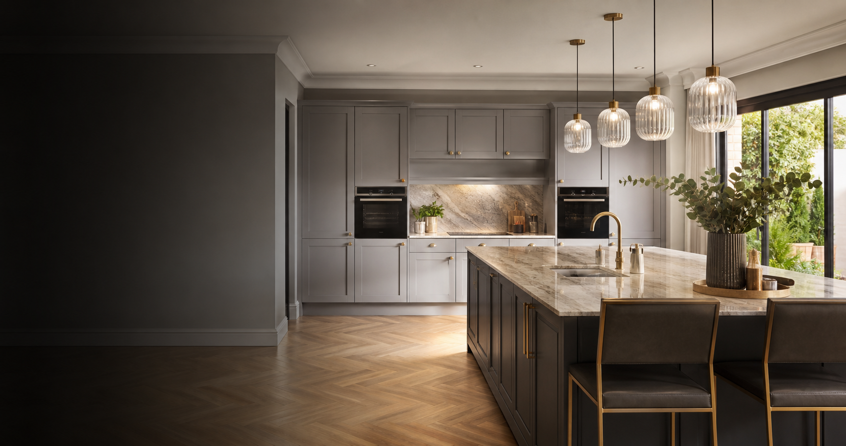 Premium fitted kitchen with stone island and charcoal cabinetry